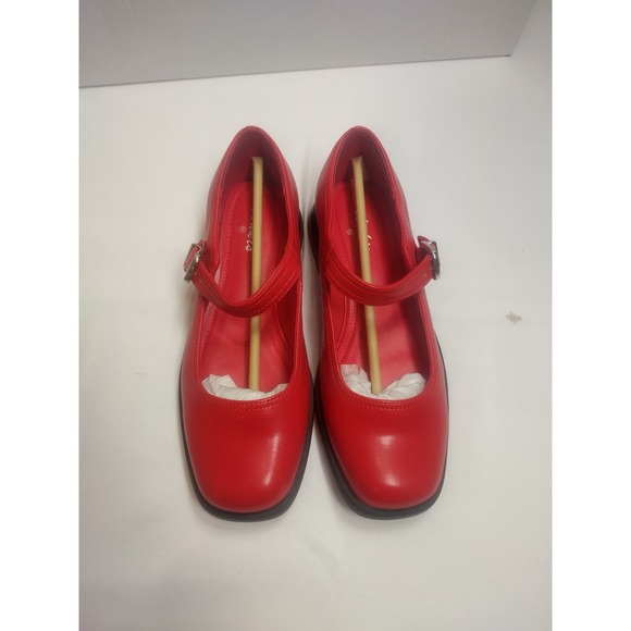 Ankis Shoes - Ankis Red Mary Jane Flats Square Toe Buckle Strap Low Heel Shoes Womens 6.5